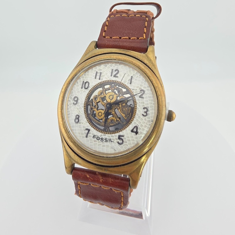 Vtg 1990s FOSSIL Skeleton Watch Mens SK-5115 Brown Leather Band Brass Tone 7.75"
